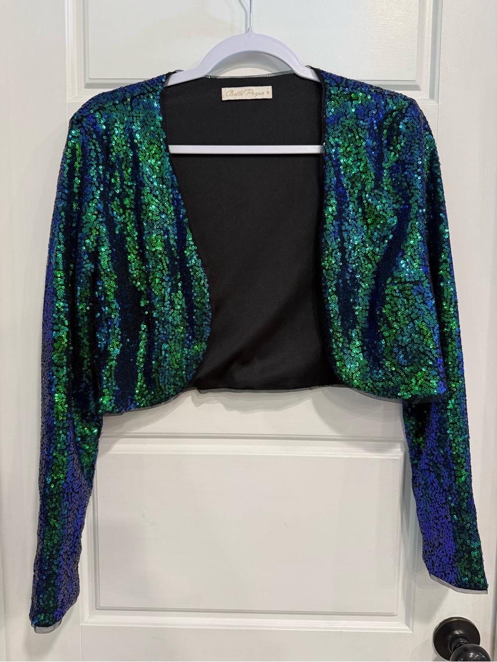 Belle Poque Blue Green Sequin Cropped Bolero Shrug Jacket Women’s Medium